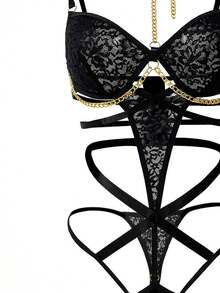 Chain Linked Cut Out Underwire Teddy Bodysuit Lingerie, Baddie Look - Black - View 3