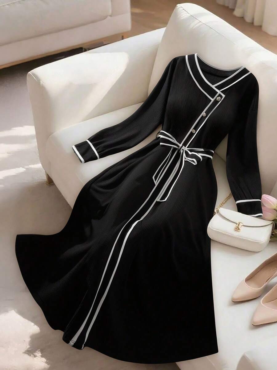 GlowEve CURVE Women's Elegant Long Sleeve Wrap Dress With Contrast Trim And Tie Detail, Autumn/Winter Dress Modest Black Church Dress French Style Dress Long Sleeve Elegant Dress Black And White Dress Women - Black and White - View 1