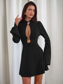 Aloruh Women's New Hollow Metal Buckle Mini A-Line Long Sleeve Dress, Autumn/Winter - Black - View 4