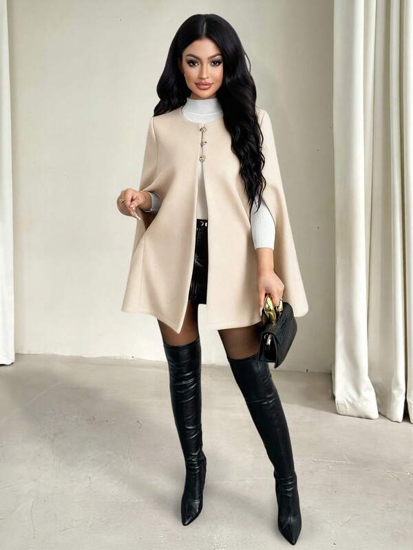 Vavine Women's Elegant Stand Collar Metal Rose Decor Button Cloak Style Woolen Coat, Autumn/Winter