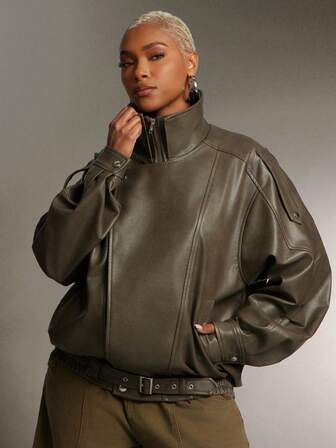 Denimoi Women's Casual Fashion Street Chic High Collar Drop Shoulder Loose Zip-Up Buckle Elastic Hem PU Leather Jacket, Autumn/Winter