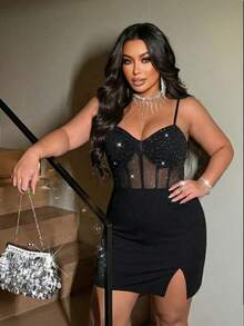 NU&NOW 大码女士性感派对连衣裙，闪亮亮片网纱透视吊带紧身迷你连衣裙，春夏款 - 黑色 - 查看 4