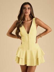 Vestido mini sexy de moda con cuello en V profundo, cierre delantero con cremallera y dobladillo con volantes sin mangas de unicolor para mujer - Amarillo - Ver 4