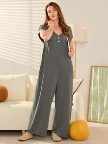 Momelise Plus Size Women's Solid Color V-Neck Button Design Pocket Wide Leg Casual Jumpsuit - Grey - View 5