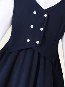 SHEIN Sparklyn 1pc Girls' Fashionable Long Sleeve Dress, Soft & Comfortable Fabric, White Shirt With Navy Blue Dress, Gentle And Stylish Design, Suitable For Spring/Autumn, Suitable For Outings, Photos, School, And Various Occasions, Must-Have Popular Girls' Dress - Black - View 6