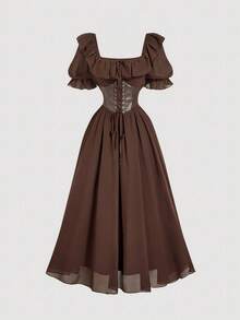 SHEIN MOD 棕色雪纺拼接PU腰部复古喇叭袖A字连衣裙，度假装扮