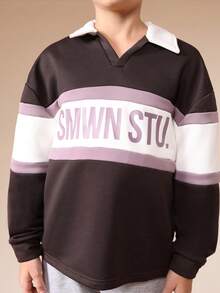 SUMWON Boys Colour Block Polo Shirt And Grey Sweatpants Two Piece Casual Set With White Collar Long Sleeve Top And Comfortable Joggers - Multicolor - View 7