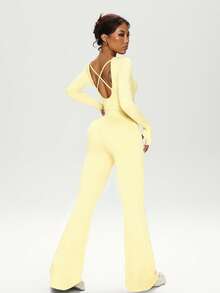 Dewbera Women's Autumn/Winter Jumpsuit, Black Tight-Fitting U-Neck Long Sleeve, Cross Back Strap, Fitted Front Panel, Flared Leg Hem, Suitable For Casual, Running, Yoga, Gym, Tennis And Other Activities - Yellow - View 6