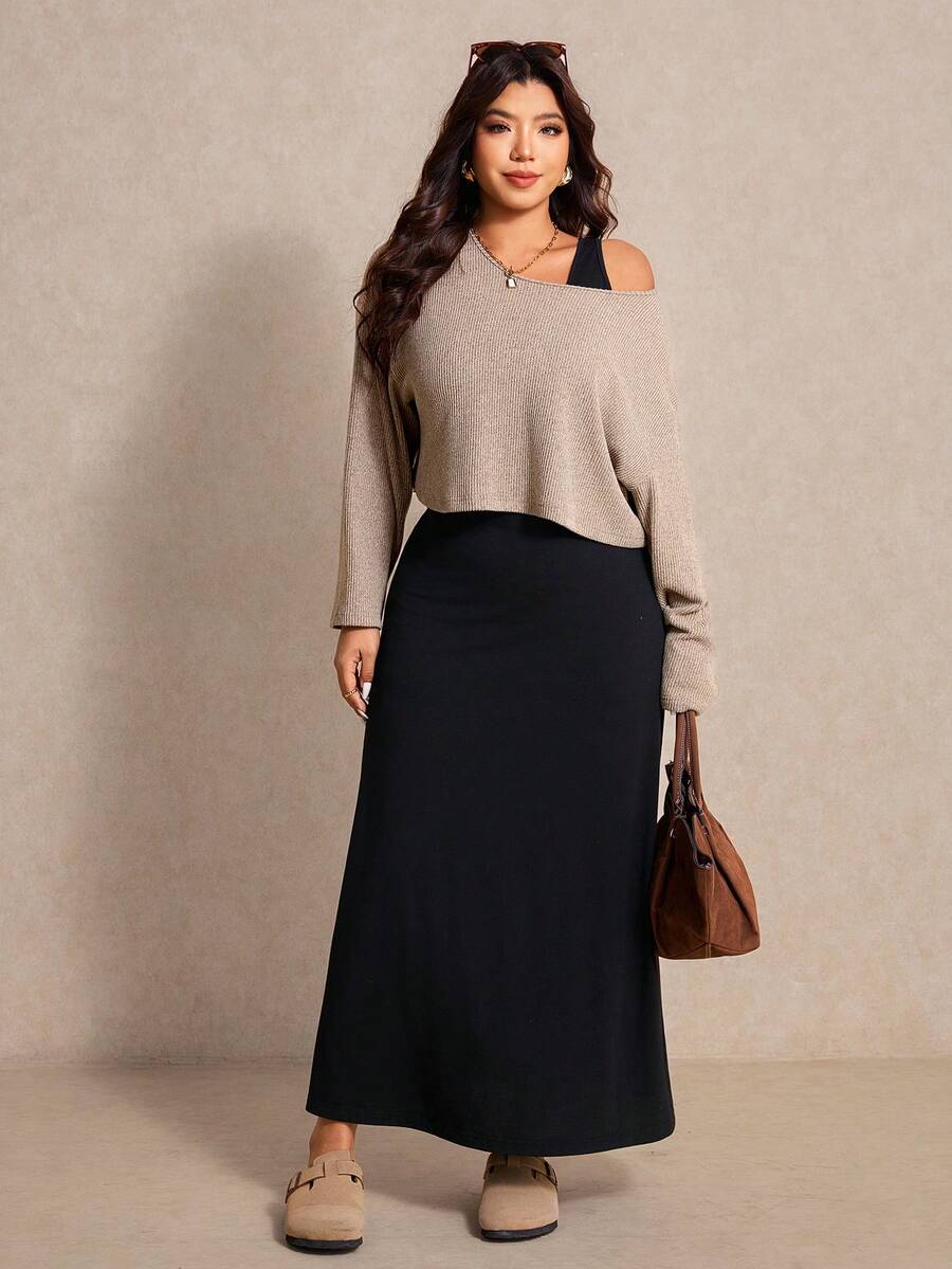 Elaquor 大码休闲纯色上衣和连衣裙两件套，秋季