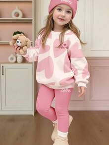 可爱粉色套装，萌萌少女抽象几何爱心印花，休闲舒适柔软保暖圆领长袖卫衣和打底裤，适合秋冬季日常穿着、新年、外出、居家。
