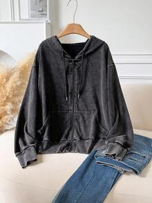 CosyJoli 大码女式前开拉链设计水洗面料长袖连帽衫，百搭黑色休闲套头衫，带口袋 - 黑色 - 查看 6