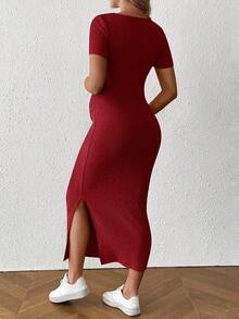 SHEIN Maternity Solid Color Square Neck Short Sleeve Ribbed Side Slit Hem Fitted Casual Dress - Red - View 2