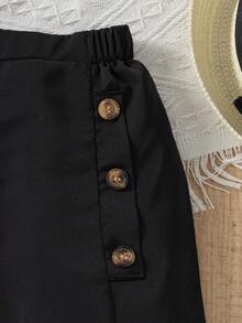 SHEIN 女童白色纽扣装饰前开衩喇叭裤 - 黑色 - 查看 4