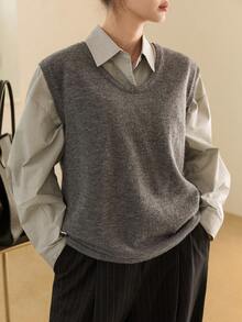 Dazy-Less Grey Loose Fit Sleeveless Pullover Sweater, Fashionable Casual For Autumn & Winter Business Casual Woman - Grey - View 2