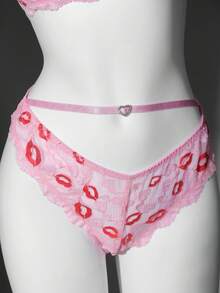 Set de lencería de 2 piezas con corazón de encaje bicolor sexy y romántico para el Día de San Valentín - Rosa - Ver 6