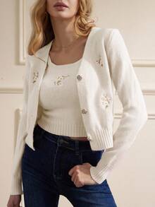 Aveloria Rosie V-Neck Embroidered Camisole Top And Long Sleeve Cardigan Women Sweater Co-Ords - Beige - View 6