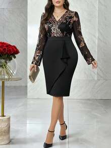Modelyn Robe vintage élégante à manches longues avec croisement et enveloppement sur les épaules, grande taille - Multicolore - Voir 5