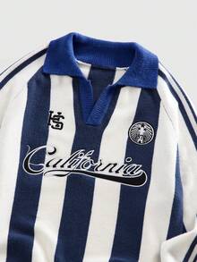 ROMWE MEN Men's Collar Embroidery Streetwear Stylish Knit Sweater - Blue - View 4