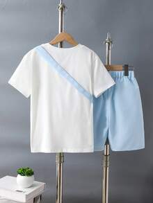 3pcs/Set Boys' Cute Bear Print T-Shirt, Cargo Shorts With Pocket, And Mini Crossbody Bag, Spring/Summer - Baby Blue - View 2