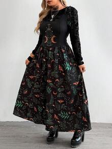 Whyspr 大码女式乡村朋克风蝴蝶结肩方领印花连衣裙 - 黑色 - 查看 3