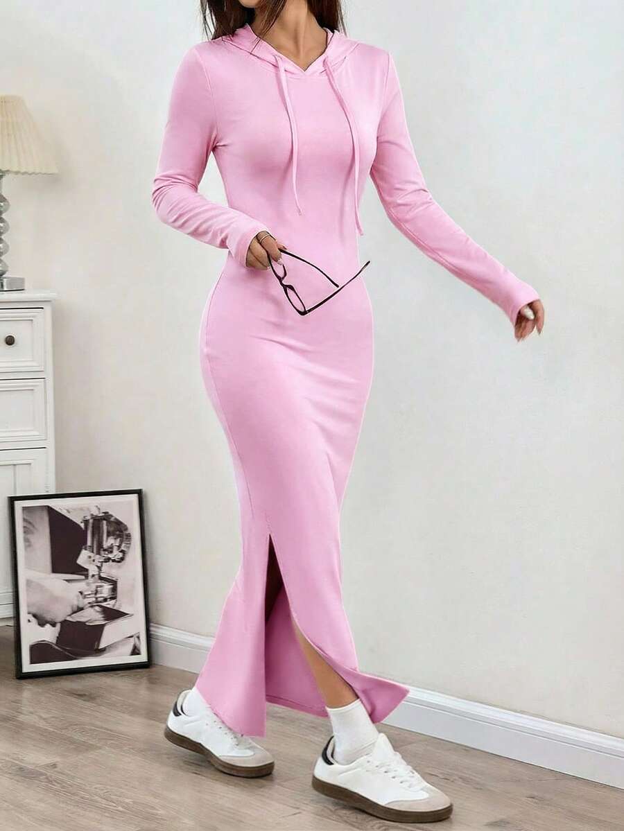 SHEIN EZwear 女士春季连帽抽绳修身长袖针织紧身连衣裙 - 粉色 - 查看 1
