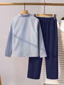 SHEIN 2pcs Tween Boy Gentleman Set: Striped Long Sleeve Shirt + Trousers, Elegant Outfit For Valentine's Day, Birthday Party, Evening Gala, Wedding, Christening, Anniversary Boys Button Up Outfit Sets Boys Casual Pants Suit Outfit Boy Casual Sets Boys Pant And Shirt Set Tween Boy Clothes Shirt With Long Pants - Navy Blue - View 2