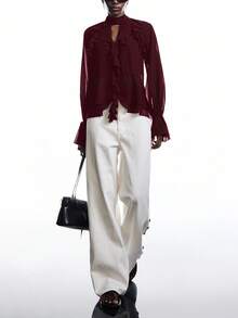 LYSMO Women's Solid Color Keyhole Neck Flare Sleeve Ruffle Trim Fashion Blouse - Burgundy - View 6