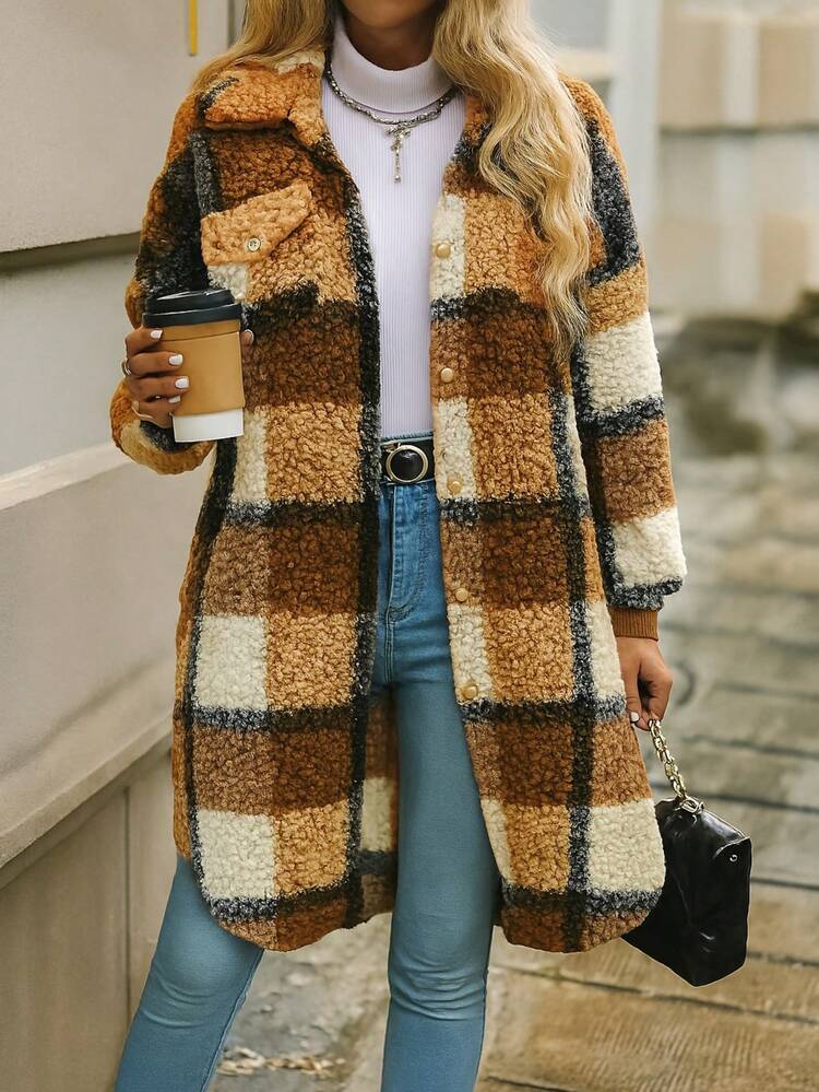 Gabardina maxi patron cuadros manga larga bolsillos detalle botones cuello camisero otoño invierno cálido largo moda dama mujer - Cafe - Añade 2