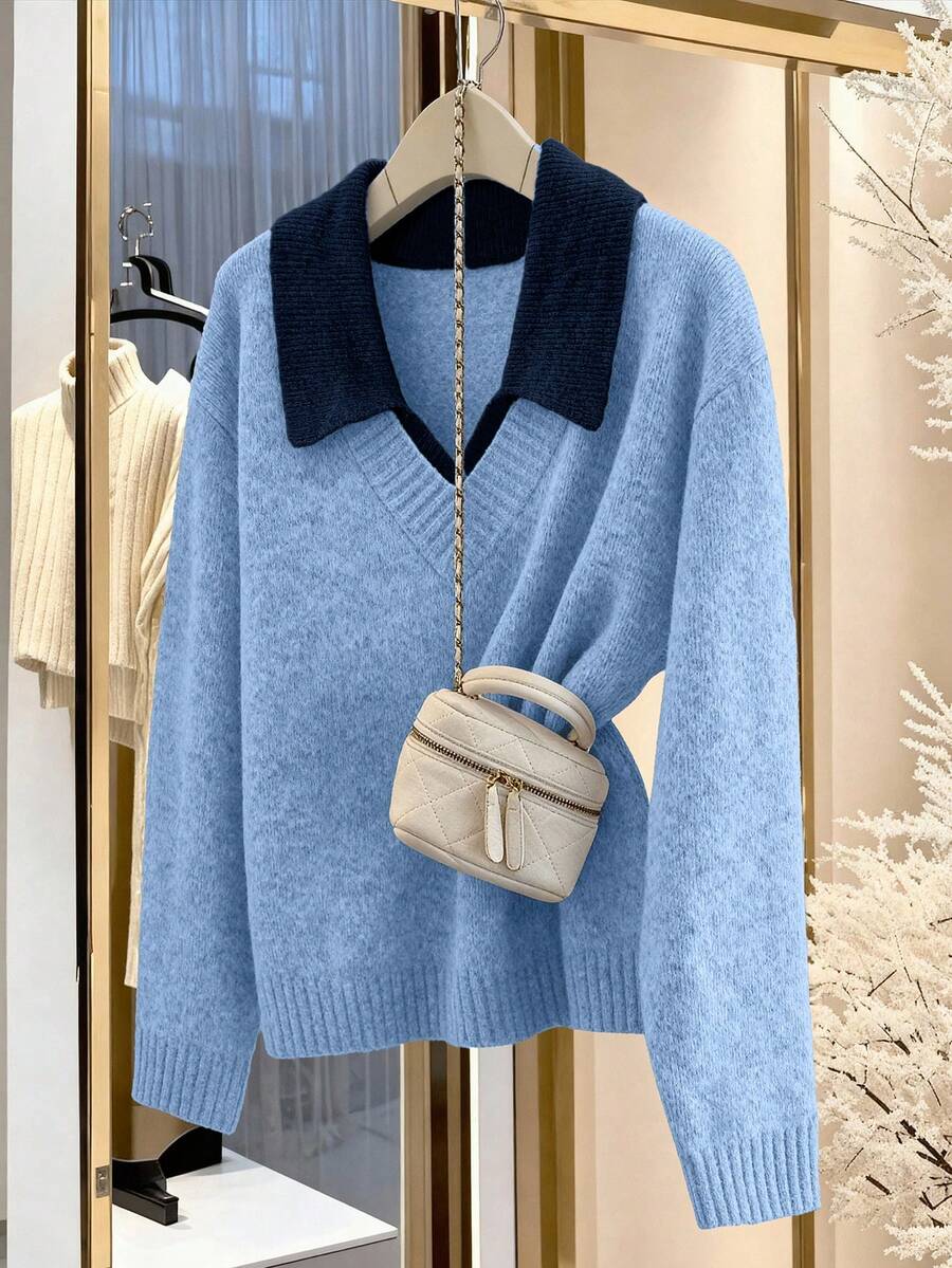 SHEIN PETITE CURVE 大码灰色V领撞色长袖毛衣，通勤舒适 - 淺藍色 - 查看 1