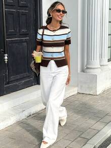 Serisse Áo len nữ kẻ sọc dáng rộng, tay ngắn cổ tròn, kiểu dáng thường ngày, phong cách preppy, màu nâu và xanh dương, áo cardigan tay ngắn cổ tròn, áo mùa hè, áo kiểu sinh viên Mỹ, thích hợp mặc hàng ngày, áo mùa hè, áo mùa xuân cho nữ. - Nhiều màu - Xem 7