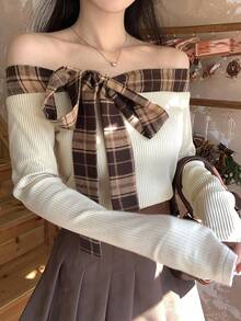 DAZY 时尚格纹撞色蝴蝶结吊带露肩修身优雅白色长袖上衣，适合春季、秋季、新年、圣诞节、婚礼等场合。 - 米色 - 查看 6