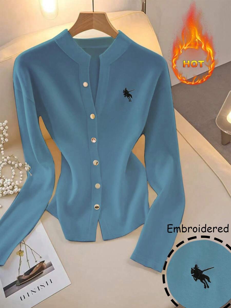 GlowEve Áo thun nỉ cài nút phía trước thường ngày dành cho nữ, Thu/Đông - Màu xanh lam - Xem 1