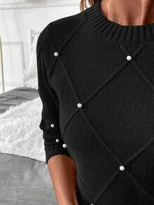 Editum 女士冬季钻石纹理毛衣上衣，带珍珠装饰，圆领，适合度假、派对、音乐节、家居服、返校活动、作为礼物和购物、秋季毛衣、优雅女装、基本款上衣 - 黑色 - 查看 8