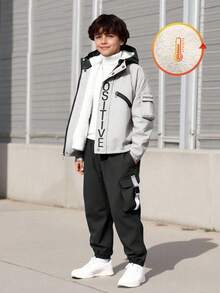 SHEIN Vacaura 两件套男童休闲户外印花撞色外套和裤子，带保暖内衬，秋冬季