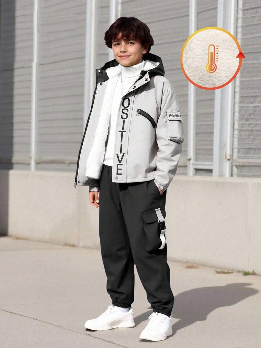 SHEIN Vacaura 两件套男童休闲户外印花撞色外套和裤子，带保暖内衬，秋冬季