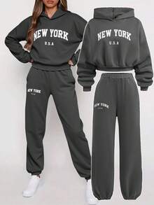 SHEIN Set de 2 piezas de sudadera y pantalón de chándal con estampado de letras de manga larga y cuello redondo para adolescentes - Gris - Ver 1