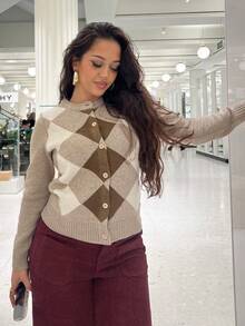 NegzBox Women's Casual Collegiate Style Patchwork Argyle Pattern Long Sleeve Button-Up Cardigan Sweater, Autumn - Multicolor - View 5