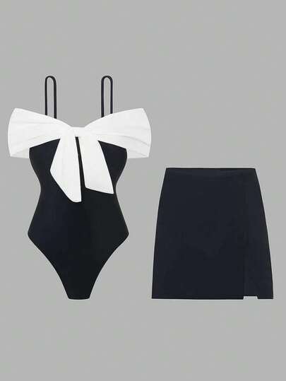 Swim Oasis 两件套高端露肩抹胸细肩带蝴蝶结修身连体泳衣，带可拆卸裙摆，纯色侧开衩沙滩度假装