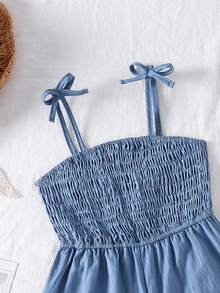 Genkimix Kids Dark Blue Summer Young Girl Romper,Elegant Spaghetti Strap Woven Resort Wear For Family Vacation,Matching Toddler Outfits,Casual Snug Fit Jean Dress - Blue - View 4