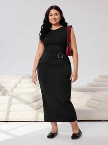 Solflare Plus Size Women Long Metallic Buckle Decor Dress, Spring/Summer - Black - View 5