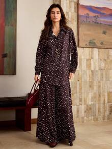 Hansera 女士冬季两件套：棕色梭织波点印花长袖开衫和阔腿裤，适合日常、优雅、复古、办公、休闲、秋冬穿搭 - 咖啡棕 - 查看 3