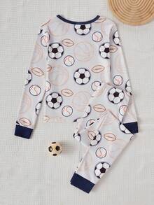 Boys' Fashionable & Cute Sports Football & Rugby Graphic Print Long Sleeve Top And Leggings Pajama Set Snug Fit Boys Lounge Set Boys Pajama Set Soccer Boys Clothes Kids Pj Set - Multicolor - View 2