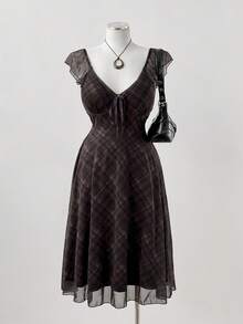 Sunspun Plaid Print Cap Sleeve Square Neck Midi Dress, Summer - Multicolor - View 5