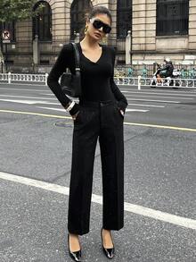 DAZY 女士宽松休闲直筒裤，适合秋、春、夏穿着 - 黑色 - 查看 4