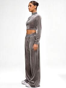 BABYPHAT Wide Leg Velour Trackpants With Embroidered Logo Elastic Waistband Side Pockets Luxurious Comfortable Loungewear Fall Winter Casual Pants - Grey - View 7