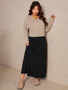 Elaquor 大码休闲纯色上衣和连衣裙两件套，秋季