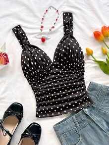 Soleia 女士优雅度假风波点针织面料扭结肩带褶皱修身吊带背心，适合度假、约会、下午茶、海滩、邮轮、城市旅行、海岛度假、音乐节、波西米亚风度假等场合，可内穿或外穿 - 彩色 - 查看 5