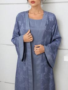 SHEIN Najma 优雅缎面拼接提花面料女式长袍 - 藍色 - 查看 7