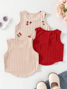 3pcs Young Girl Ribbed Cherry Print Curved Hem Fashion Top Set Cute Kids Tops Cherry Print Top Red Ribbed Top - Multicolor - View 2