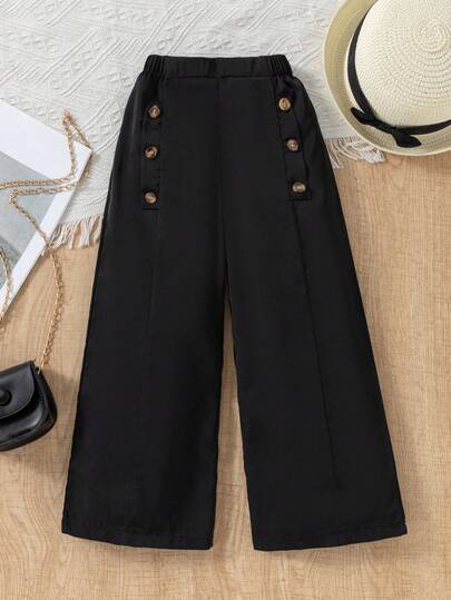 SHEIN 女童白色纽扣装饰前开衩喇叭裤